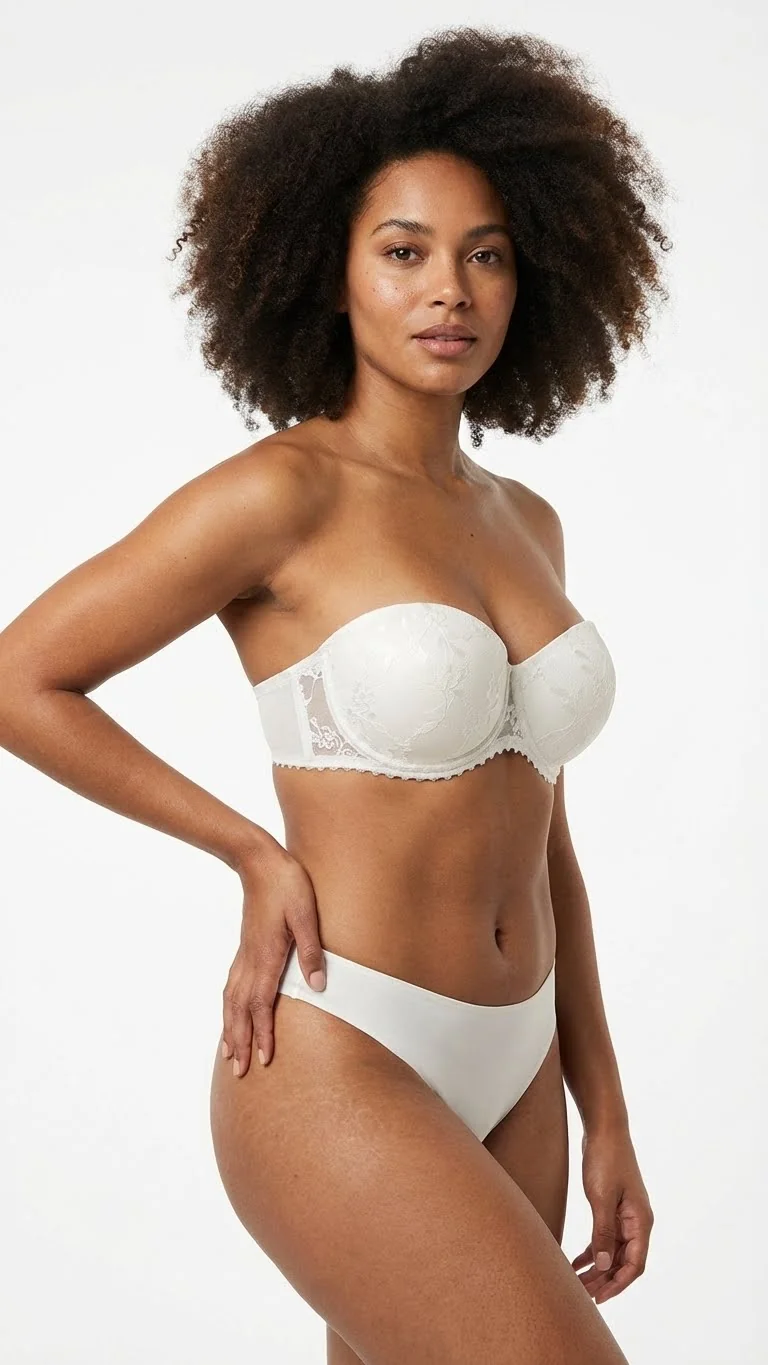 LunaIntim Ekru Rengi Dantel Kaplı Straplez Tenle Bütünleşen Nude Sütyen - Yan Görünüm